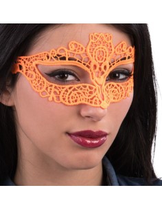 Maschera veneziana arancione fluo in tessuto macramè con decorazioni ornamentali per Carnevale