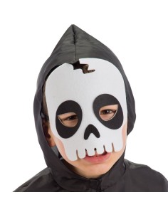 Maschera teschio bambino in feltro grigio con cappuccio e viso bianco per Halloween costume horror