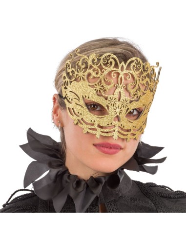 Maschera veneziana dorata con glitter e ricami elaborati per Carnevale elegante