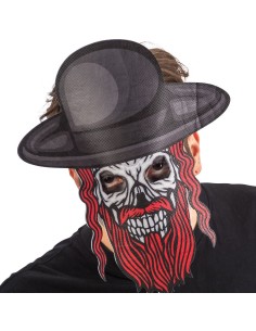 Maschera teschio spaventosa con barba rossa e cappello nero in tessuto per Halloween horror
