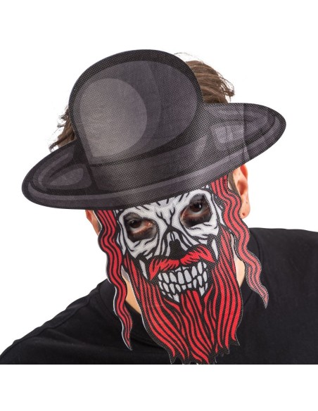 Maschera teschio spaventosa con barba rossa e cappello nero in tessuto per Halloween horror