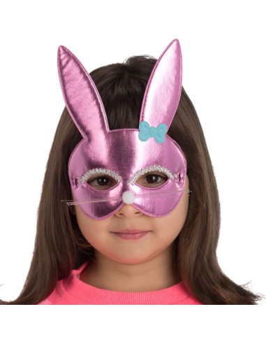 Maschera coniglietta rosa metallizzata con orecchie e fiocco azzurro per bambina carnevale