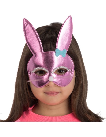 Maschera coniglietta rosa metallizzata con orecchie e fiocco azzurro per bambina carnevale
