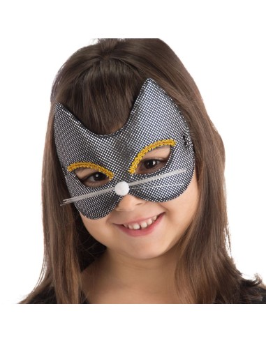 Maschera gattina nera metallizzata con dettagli dorati e elastico per bambina Halloween Carnevale