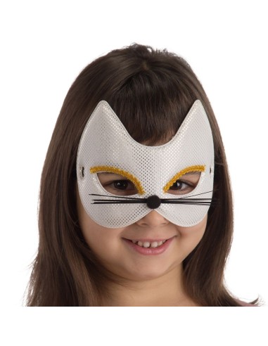 Maschera gattina bianca metallizzata con dettagli dorati e baffi neri per bambina con elastico