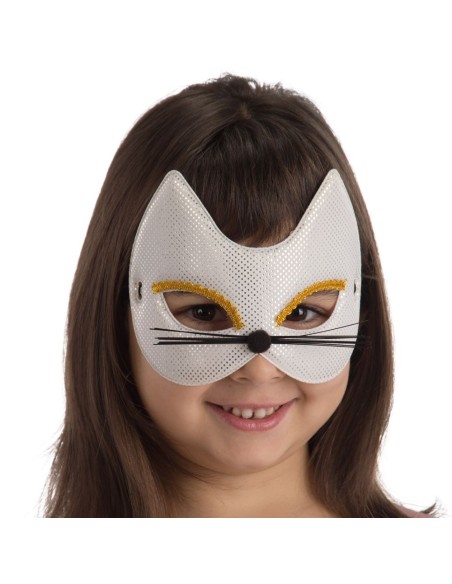 Maschera gattina bianca metallizzata con dettagli dorati e baffi neri per bambina con elastico