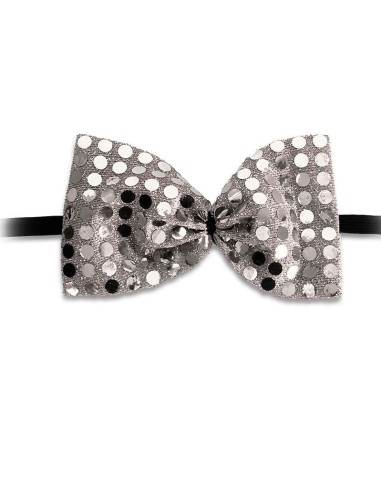 Papillon argentato con paillettes scintillanti su fascia nera per eventi eleganti e feste