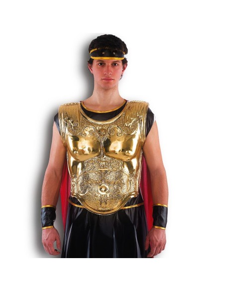 Corazza romana dorata da gladiatore con decorazioni elaborate per costume storico