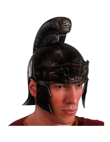 Elmo romano dorato con cresta nera indossato, stile gladiatore centurione per costumi storici