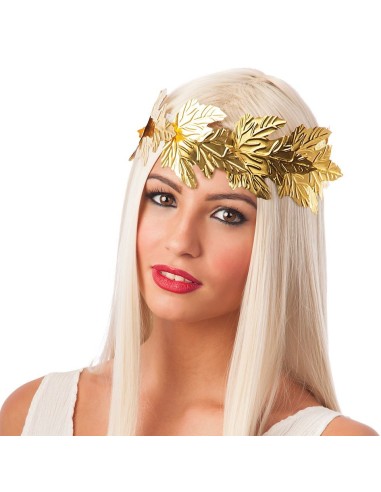 Corona dorata con foglie d'alloro indossata da donna per costume romano imperatore