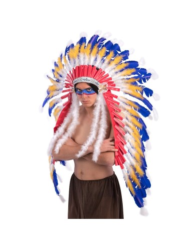 Copricapo indiano con piume blu gialle rosse e bianche per costume da capo tribù