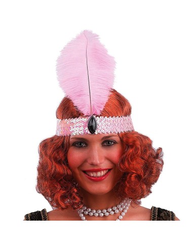 Fascia charleston rosa con paillettes e piuma per costume anni 20 donna vintage