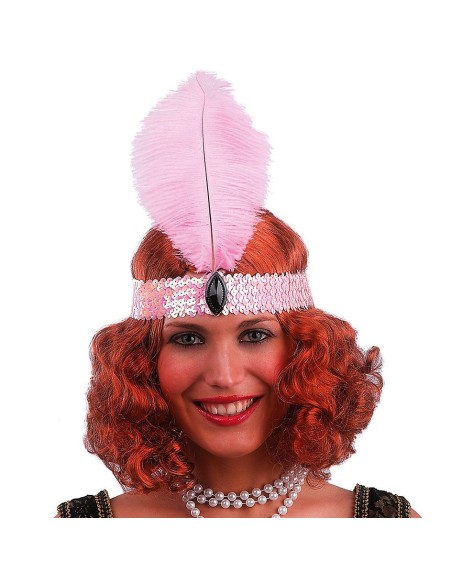 Fascia charleston rosa con paillettes e piuma per costume anni 20 donna vintage