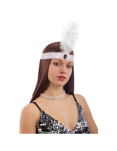 Fascia charleston bianca con paillettes e piuma per costume anni 20 donna vintage