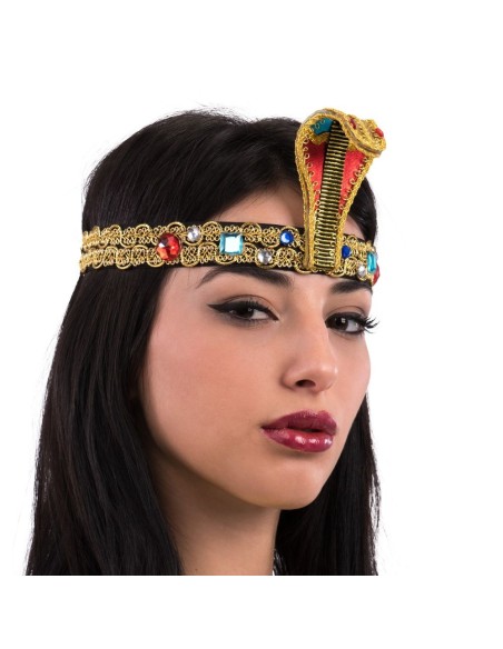 Diadema egizio dorato con cobra centrale e gemme colorate per costume da faraone