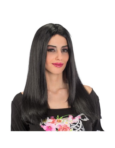 Parrucca lunga liscia nera per donna indossata, capelli fluenti per travestimenti Halloween