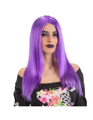 Parrucca lunga liscia viola indossata da donna con trucco scuro per Halloween e cosplay