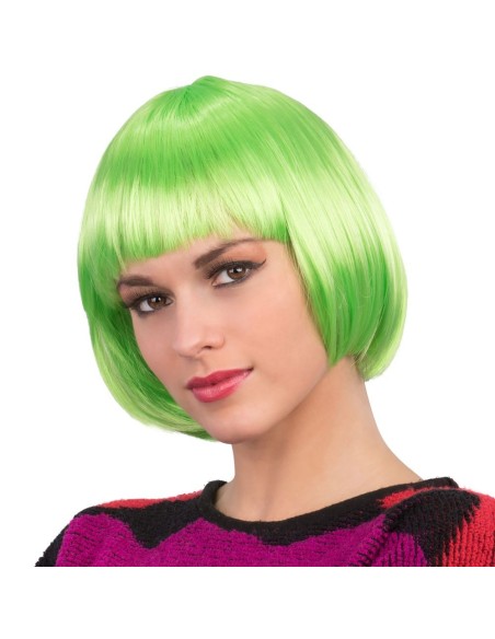 Parrucca bob verde brillante con frangia dritta indossata da donna per costume party