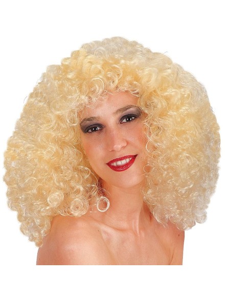 Parrucca bionda riccia voluminosa stile anni 70 per costumi e travestimenti vintage