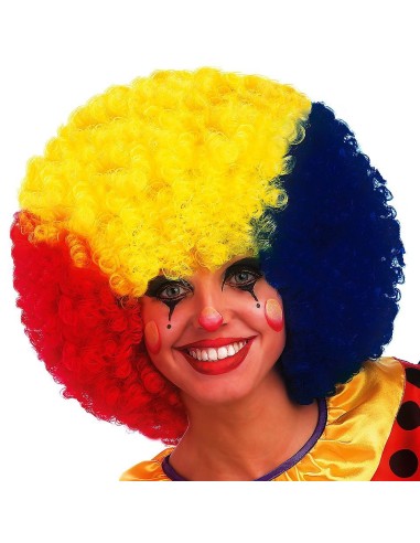 Parrucca riccia multicolore giallo rosso blu da clown per travestimenti e feste a tema circo