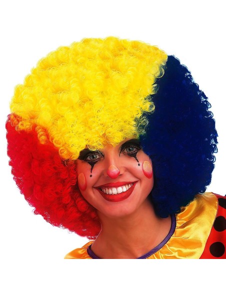 Parrucca riccia multicolore giallo rosso blu da clown per travestimenti e feste a tema circo