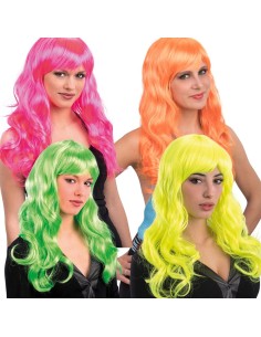 Quattro parrucche lunghe mosse fluo con frangia rosa verde gialla arancione per feste e travestimenti