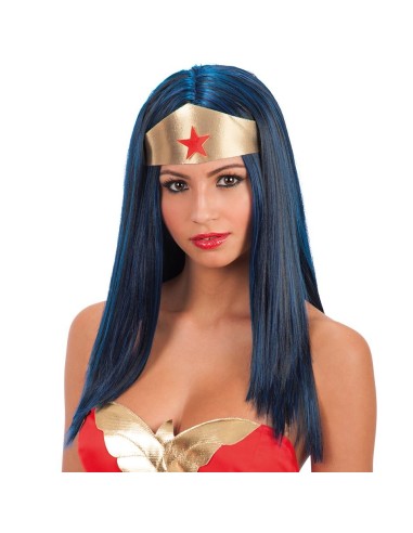 Parrucca Wonder Woman nera con tiara dorata stella rossa per costume supereroi femminile