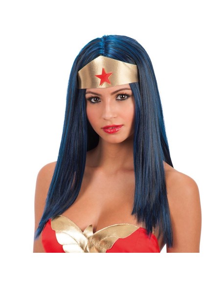 Parrucca Wonder Woman nera con tiara dorata stella rossa per costume supereroi femminile