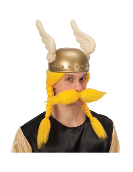 Parrucca vikingo gialla con baffi e casco cornuto per costume da guerriero nordico