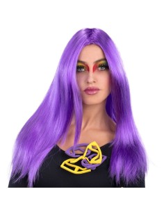 Parrucca lunga liscia viola indossata da donna con trucco colorato per travestimenti Halloween