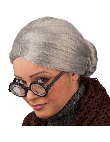 Parrucca grigia da nonnina con chignon e donna che indossa occhiali da vista