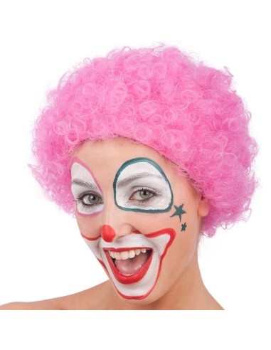 Parrucca ricciolina rosa voluminosa indossata con trucco da clown colorato