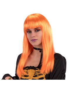 Parrucca lunga liscia arancione con frangia dritta indossata da donna per travestimenti Halloween