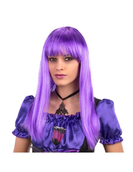 Parrucca donna lunga liscia viola con frangia dritta per costumi e travestimenti
