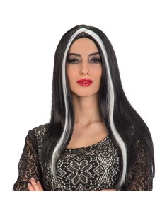 Parrucca Morticia Addams nera con ciocche bianche laterali per costume Halloween