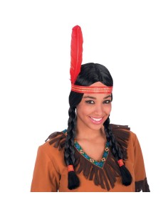 Parrucca indiana nera con trecce, fascia rossa decorativa e piuma colorata per costume nativo americano