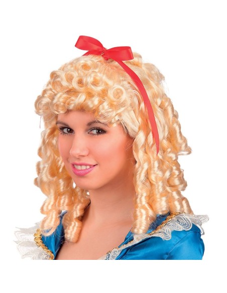 Parrucca bionda riccia con ricci voluminosi e fiocco rosso decorativo per travestimenti storici