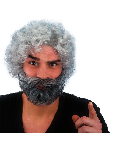 Parrucca e barba grigia riccia voluminosa per travestimento comico e teatrale