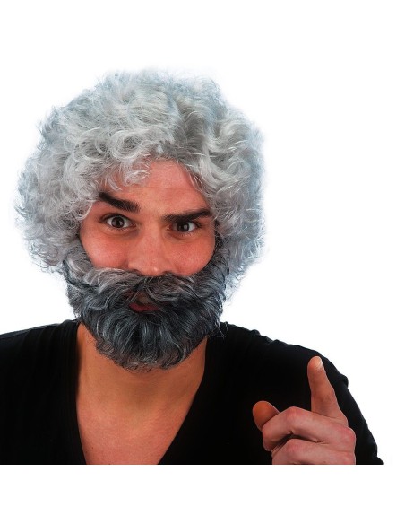 Parrucca e barba grigia riccia voluminosa per travestimento comico e teatrale