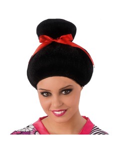Parrucca gheisha nera con chignon e fiocco rosso per costume giapponese orientale