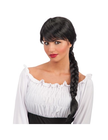 Parrucca nera femminile con treccia laterale e frangia per travestimenti e costumi di Carnevale