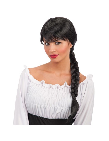 Parrucca nera femminile con treccia laterale e frangia per travestimenti e costumi di Carnevale
