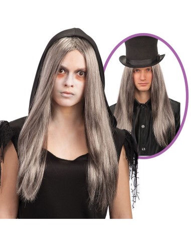 Parrucca donna lunga grigia liscia per costumi Halloween e travestimenti
