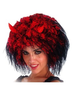 Parrucca rossa e nera con corna da diavolo per costume Halloween donna