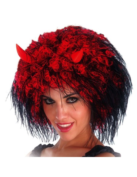 Parrucca rossa e nera con corna da diavolo per costume Halloween donna