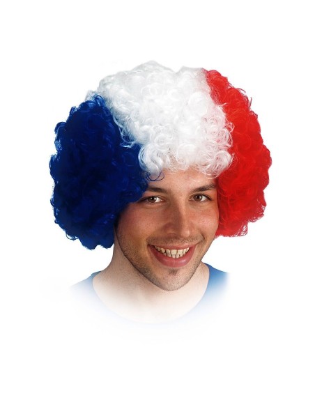 Parrucca riccia tricolore Francia blu bianco rosso per tifo e feste a tema