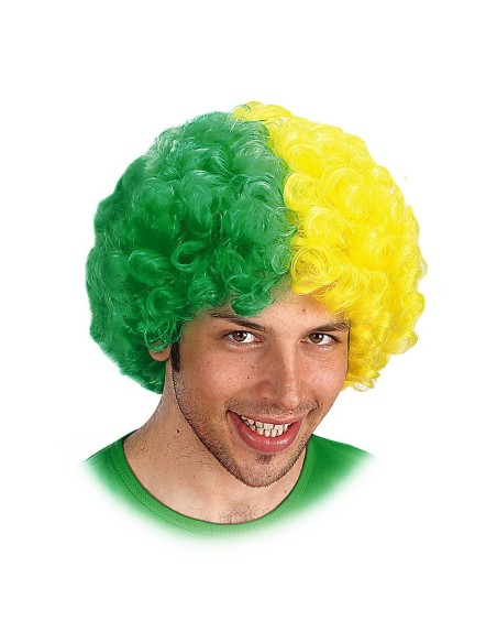 Parrucca riccia verde e gialla Brasile indossata per tifo calcistico e feste a tema brasiliane