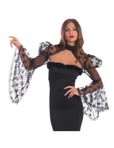 Coprispalle nero in pizzo con maniche trasparenti ampie per donna elegante accessorio festa