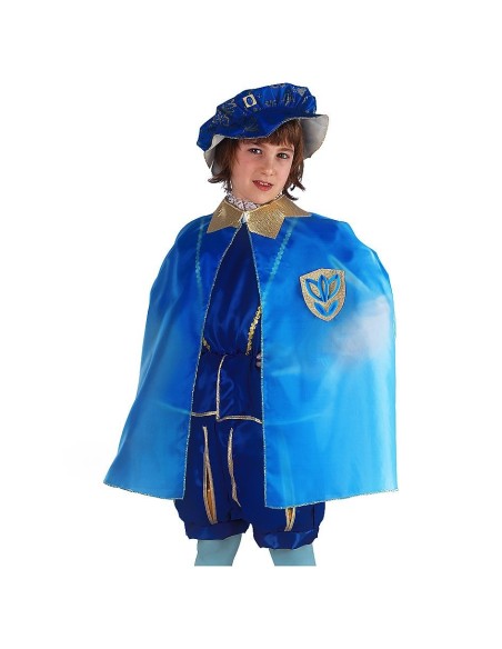 Set costume Principe Azzurro bambino con mantello blu taffetas e cappello per recite e feste a tema fiabe