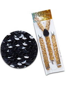Bretelle nere con paillettes brillanti e accessori dorati per costumi di Carnevale